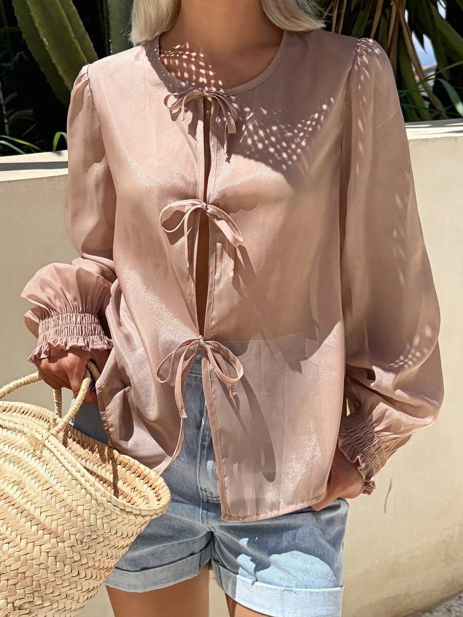 DAZY Solid Color Loose Long Sleeve Tie Bow Casual Elegant Vacation Women's Shirt Dusty Rose School - Pink - View 1