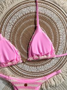 Swim Mod Women's 26 Spring/Summer New Blue & White Striped Textured Fabric Small Sun Metal Decor V-Neck Backless Triangle Wrap Rope Studded Bikini Swimsuit 2-Piece Set - Pink - View 6