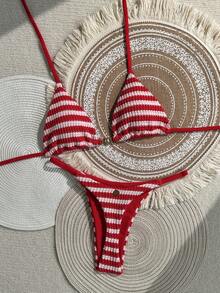 Swim Mod Women's 2026 Spring/Summer New Blue And White Striped Textured Fabric Small Sun Metal Decor V-Neck Backless Triangle Wrap Rope Studded Bikini Swimsuit 2-Piece Set - Red - View 1