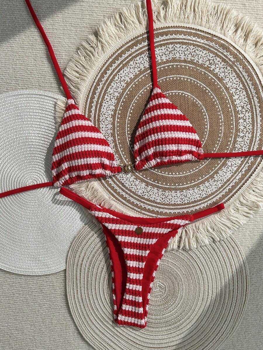 Swim Mod Women's 2026 Spring/Summer New Blue And White Striped Textured Fabric Small Sun Metal Decor V-Neck Backless Triangle Wrap Rope Studded Bikini Swimsuit 2-Piece Set - Red - View 1