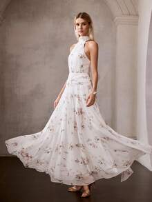 MOTF Soiréza ELEGANT WOMEN'S SLEEVELESS MOCK NECK MAXI PARTY GOWN WITH RANDOM FLORAL PRINT CHIFFON FABRIC, BACK NECK TIE BINDING FOR ADJUSTABLE FIT, RUCHED WAIST DETAILING - White - View 6