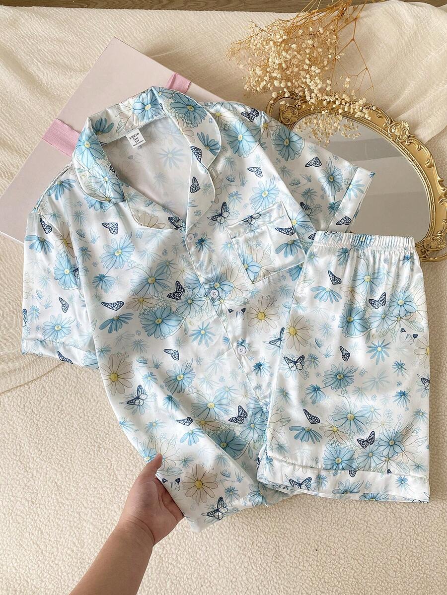 SHEIN 女童美麗優雅可愛蜜蜂與雛菊印花短袖短褲休閒舒適兩件式居家服套裝 - 淺藍色 - 查看 1