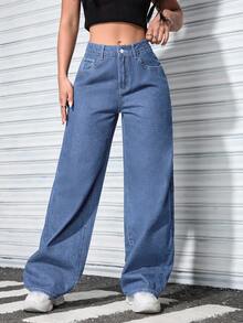 SHEIN ICON 大尺碼女款牛仔長褲 秋冬款 - 藍色 - 查看 4
