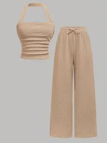 Girlism Teen Girl Khaki Solid Color Pleated Texture Cropped Halter Top Paired With Solid Color Wide Leg Pants 2pcs Set, Suitable For Vacation, Holiday, Lunch, Music Festival And Outings In Spring And Summer - Khaki - View 9