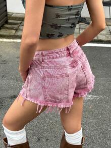 SHEIN EZwear 女款夏季休閒時尚街頭風日常通勤破洞毛邊牛仔短褲 - 粉色 - 查看 2