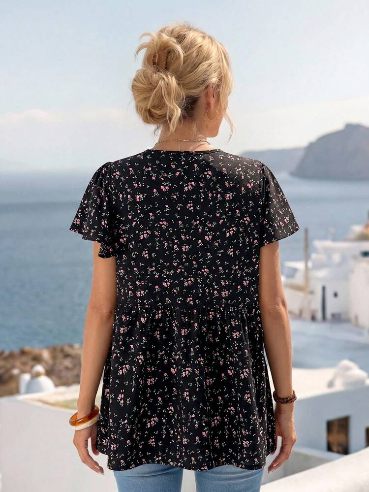 Women's Boho Ditsy Floral Print Woven Fabric Blouse, Round Neck Short Sleeve Ruffle Hem Long Tunic Top
