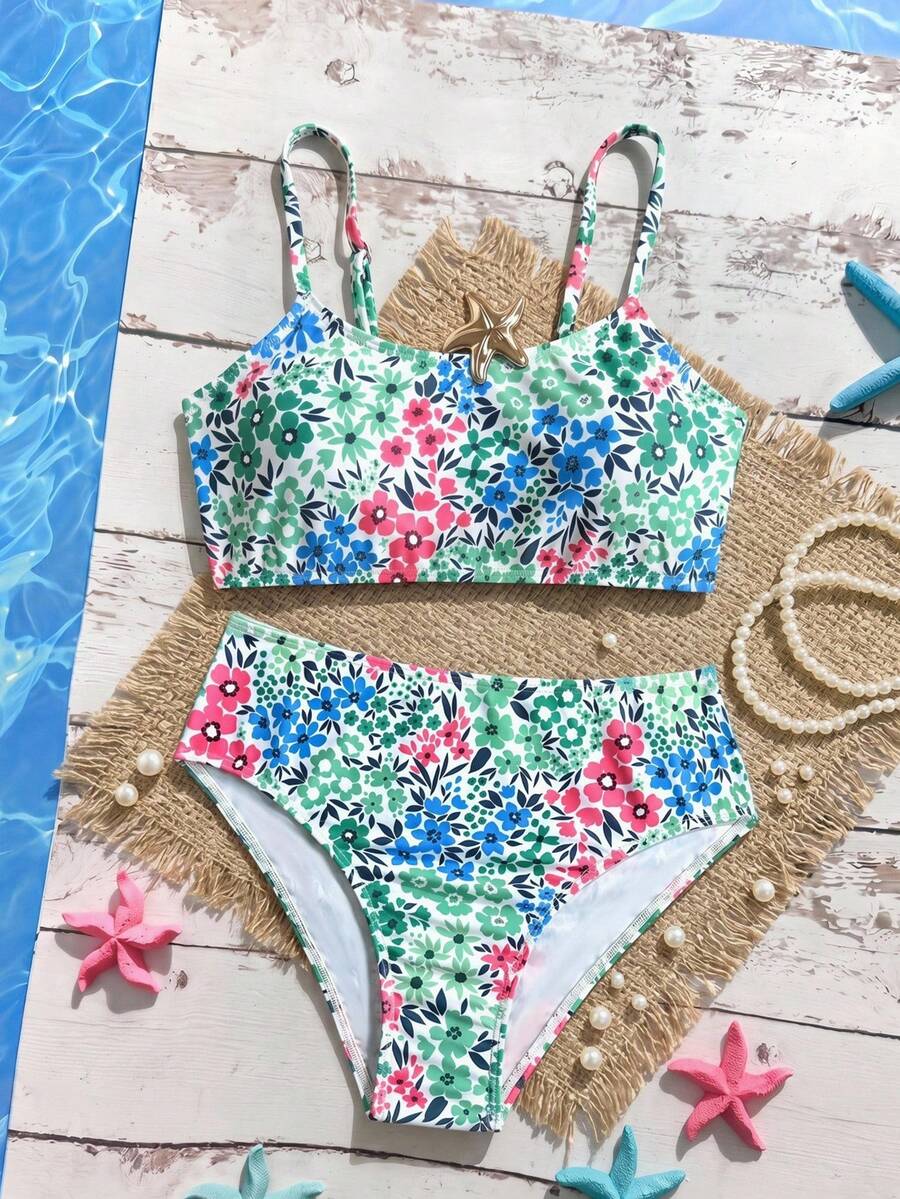 SHEIN Tween Girl Floral Print Spaghetti Strap Bikini Set - Multicolor - View 1