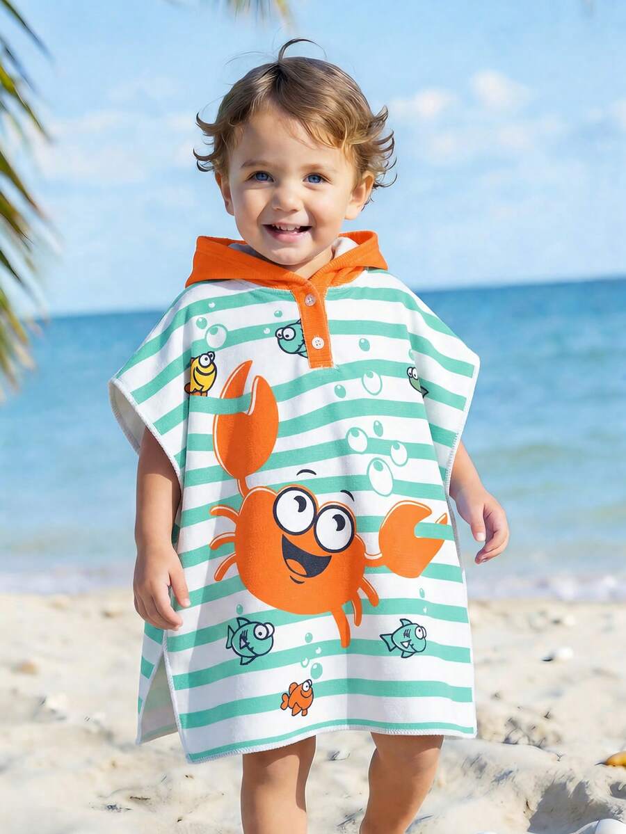 SHEIN Baby Boy Blue Cartoon Shark Print Towel Robe, Infant Multi-Size V-Neck Hooded Cape, Wearable Bath Towel, Beach Cover Up, Bath And Swimming Essential, Bathroom Essential, Swimming Cape - Green - View 1