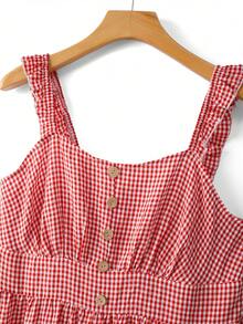 GlowEve CURVE Plus Size White Plaid Ruffle Strap Loose Flowy Dress With Gentle Square Neckline (U-Neck), Summer Vacation Boho - Red - View 3