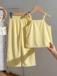 Young Girls Solid Color 3D Floral Camisole & Pants Set - Yellow - View 4