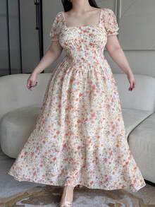 Vibekara Plus Size Summer Short Sleeve Square Neck Fitted Midi Orange Ditsy Floral Vacation Dress Fairy - Multicolor - View 5