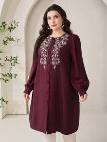 Veilorie Plus Size Women's Spring/Autumn Casual Vacation Style Floral Embroidery Lantern Sleeve Loose Long Shirt - Burgundy - View 8