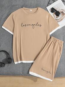 2pcs/Set Teen Boys Casual Slogan Print Patchwork Short Sleeve Crew Neck T-Shirt & Shorts Set, Comfortable And Fashionable, Suitable For Daily, Commuting And Travel Occasions - Khaki - View 4