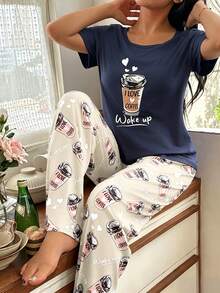 SHEIN Casual Underwear&Sleepwear 咖啡杯圖案印花休閒圓領短袖長褲女式睡衣套裝 - 杏色 - 查看 1