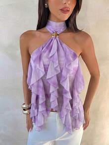 Aloruh Women's Elegant Multi-Layer Ruffle Decor Stand Collar Fitted Tank Top - Mauve Purple - View 6