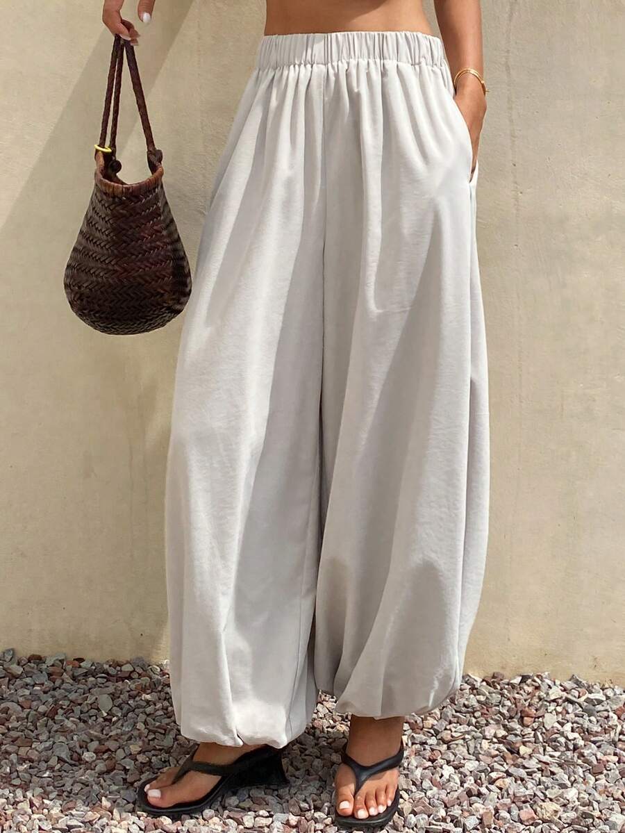 DAZY Solid Color Loose Lantern Pants Cropped Pants Casual Vacation Summer Women's Long Pants - Apricot - View 1