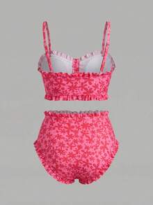 Sweetra CURVE Plus Size Women's Ditsy Floral 2-Piece Spaghetti Strap Ruffle Trim Drawstring Triangle Bikini Swimsuit Vacation Beach - Multicolor - View 2