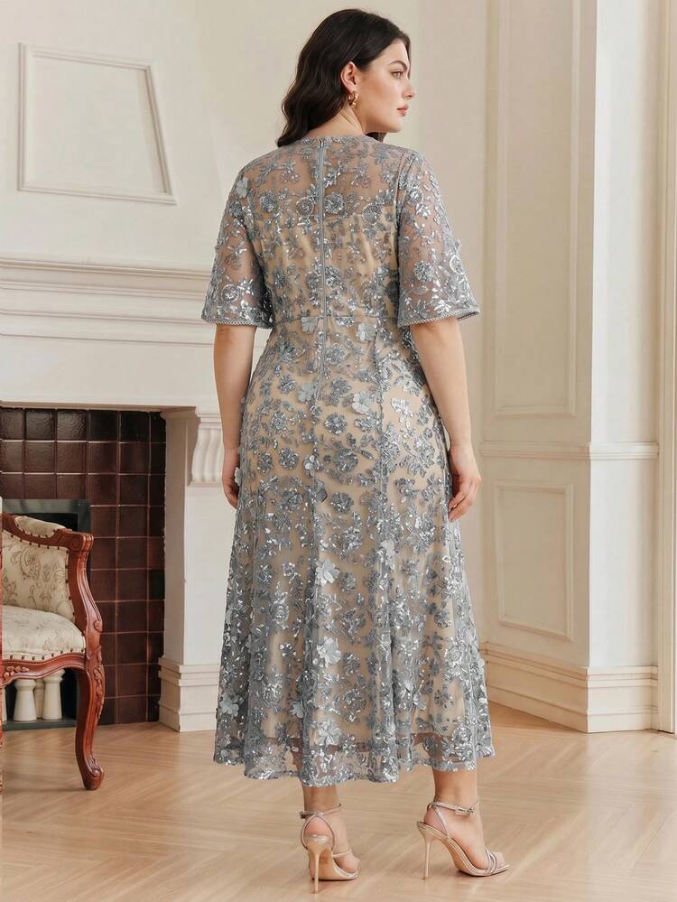 Elegant Silver Plus Size Sequin Midi Gown With 3D Applique, Sequin Embellishments, Round Neck, Short Flutter Sleeves, Suitable For Formal Banquet