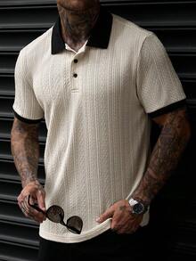Manfinity CasualCool 男士杏色拼色領 POLO 衫，紋理提花短袖上衣，休閒日常通勤上衣 - 杏色 - 查看 1