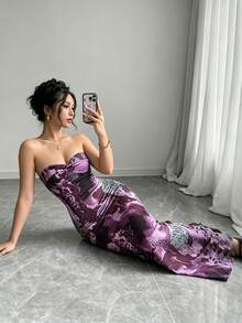 SHEIN Raffinéa 無袖平口扭轉露背鏤空繫帶貼身豹紋美人魚洋裝 - 紫色 - 查看 5