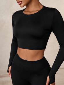 Lumalex Sexy Solid Color Twist Back Cropped Sports T-Shirt - Black - View 7