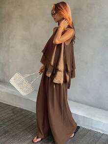 Livesso Summer Vacation Outfit Black Camisole Ruffle Top Loose Long Pants Solid Color Women's Two Pieces Set - Brown - View 5