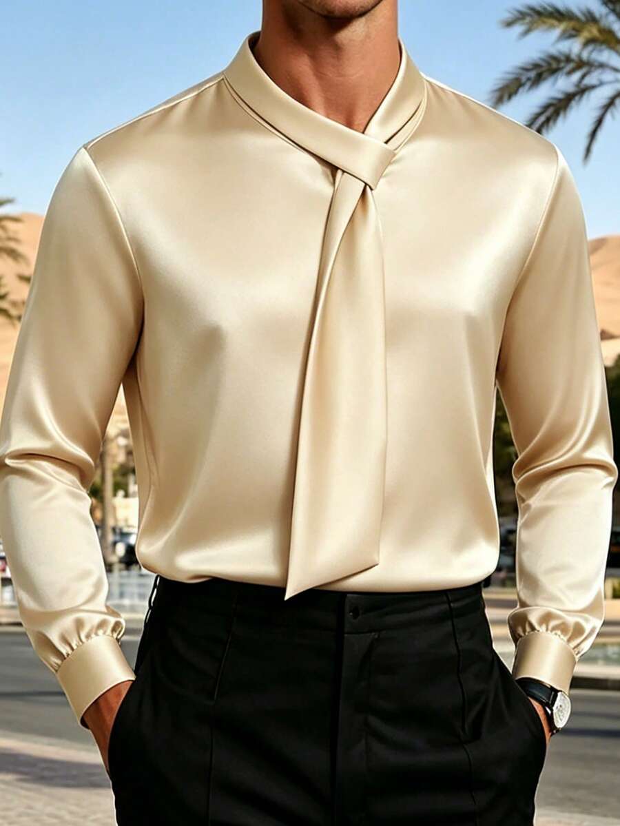 Calvornis Men's Apricot Business Casual Shiny Long Sleeve Shirt, Formal - Apricot - View 1