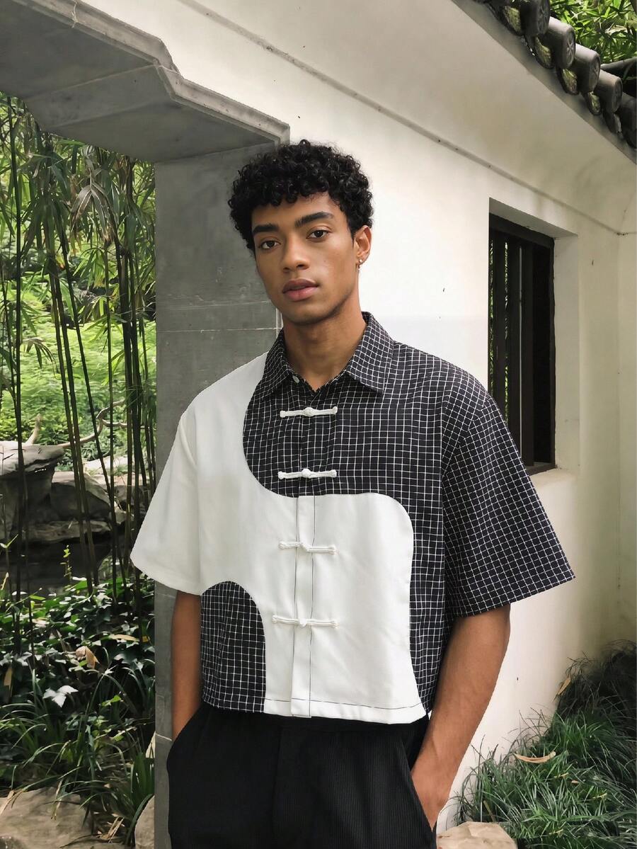 SWAVVY 男士格紋拼接短袖鈕扣休閒襯衫,派對穿搭 - 棕色 - 查看 1