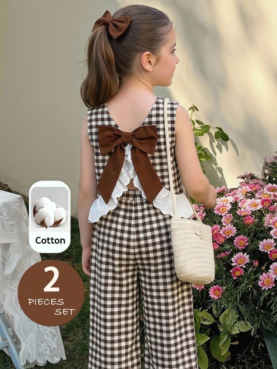 LMoss Kids 少女編織格紋圓領拼接荷葉邊休閒背心與長褲兩件組 - 彩色 - 查看 1