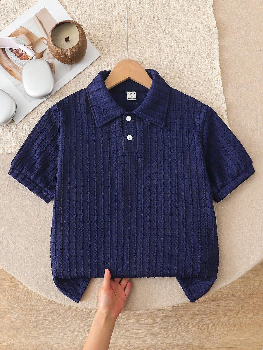 Áo polo ngắn tay dệt jacquard thường ngày cho bé trai, chất liệu thoải mái, kiểu dáng thời trang, phong cách mới xuân/hè, phù hợp cho nhiều mùa và dịp - Màu xanh lam - Xem 1