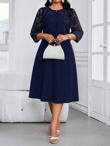 SHEIN Lady CURVE 大尺碼女款圓領蕾絲上衣與裙子休閒日常兩件套 - 藏蓝色 - 查看 7