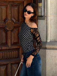 SHEIN 黑色蕾絲網眼細肩帶貼身背心 - 黑色 - 查看 3