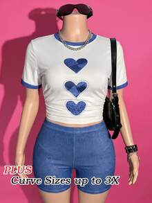 Slaydiva Plus Size Round Neck Dropped Shoulder Short Sleeve Heart Print Summer 2pcs Set Workout White Light Blue - White - View 7