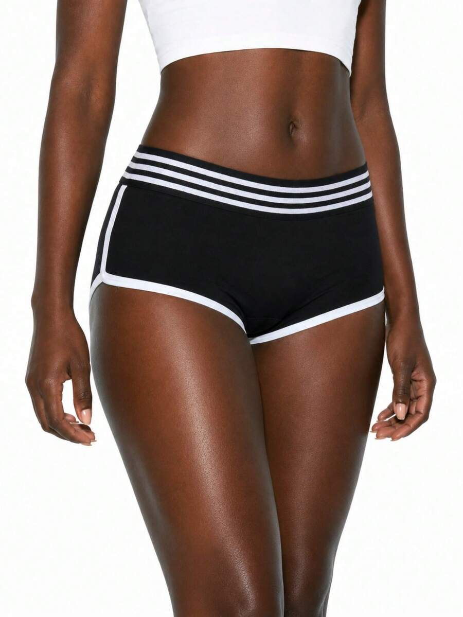 Rest Era Women's Casual Sports Striped Patchwork Elastic Shorts - Black - View 1
