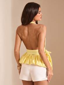 SHEIN BAE Spring/Summer Solid Yellow Deep V-Neck Halter Backless Puff Blouse For Women - Light Yellow - View 2
