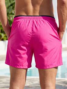 Manfinity KASUA Swim Trunks For Men Pink,Summer,Casual,Beach,Holiday Drawstring Waist Security Pockets Lightweight 4-Way Stretch Letter Patches Lined Beach Shorts - Rose Red - View 2