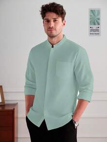 Core Aspect Men's Casual Minimalist Solid Color Front Button Patch Pocket Long Sleeve Shirt, Ceremony - Green - View 4