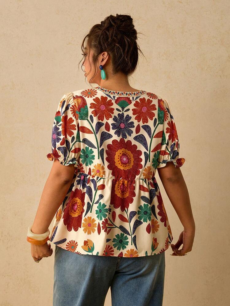 Travachic Plus Size Summer Vacation Floral Print Notch Neck Petal Sleeve Blouse Vacation Beige Boho Tropical Print Shirt - Multicolor - View 8