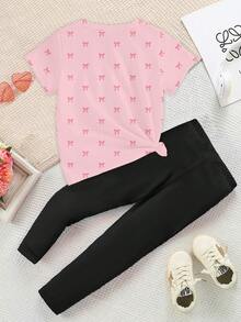 Set di T-shirt e Leggings Casual Fashion Creativo Personalizzato Rinfrescante Minimalista con Decorazione Fiocco di Perline Lucide e Stampa Grafica Rilassata per Ragazze Pre-adolescenti, Comodo per l'Uso Quotidiano, Adatto per Primavera, Estate e Autunno - Multicolore - Visualizzare 2