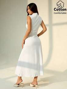 Nuevo 2026  Vestido largo de línea A con cuello mao sin mangas y fruncido, nuevo para el Día de San Valentín, elegante y romántico para citas y trabajo, vestidos de verano para mujeres - Blanco 2 - Ver 2