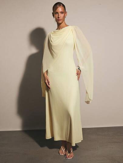 COSMINA Women's New Draped Neck Cape Sleeve Elegant Mesh Long Dress