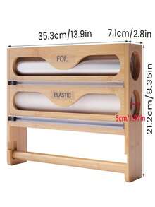 1 Roll Bamboo Cling Film Dispenser With Aluminum Foil Dispenser And Paper Towel Holder Space Saving Kitchen Wrap Organizer Rack For Kitchen Counter Drawer Back To School Season Durable Rust Proof Easy Cut Slider - Multicolor - View 2