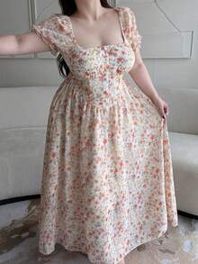 Vibekara Plus Size Summer Short Sleeve Square Neck Fitted Midi Orange Ditsy Floral Vacation Dress Fairy - Multicolor - View 4
