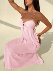 Aloruh Women's Solid Color Minimalist Daily Extra Long Dress - Baby Pink - View 4
