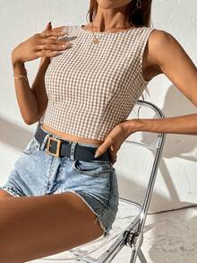 SHEIN Frenchy 女款夏季度假休閒格紋繫帶無袖襯衫 - 咖啡棕 - 查看 6
