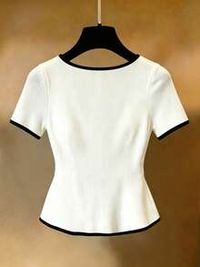SHEIN Franclia 1pc Women's Black & White Color Block Square Neck Placket Bow T-Shirt, Sweet & Cool Slim Fit Vintage Versatile - Black and White - View 2