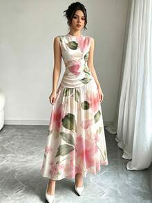 Modelyn 粉色花卉印花法式無袖長洋裝，女款時尚低腰收腰長裙，抓皺腰部設計，白色雪紡花卉洋裝，夏季度假穿搭，優雅日常穿著 - 彩色 - 查看 5