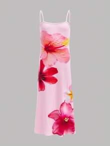 SHEIN Tween Girls Floral Print Snug Fit Comfortable Casual Sling Dress - Pink - View 4