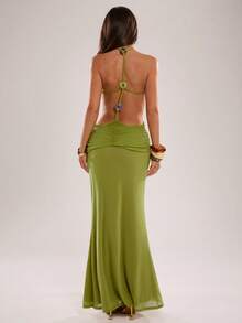 SHEIN BAE Spring/Summer Women's Casual Glamorous Elegant Vacation Halter Neck Beaded Decor Waist Cutout Ruched Back Ring Detail Olive Green Dress Night Out Sexy - Olive Green - View 8