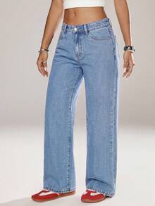 SHEIN PETITE Quần jeans nữ cạp thấp ống rộng suông dáng rộng phong cách tối giản đa năng mặc thường ngày đi làm - Rửa nhẹ - Xem 3